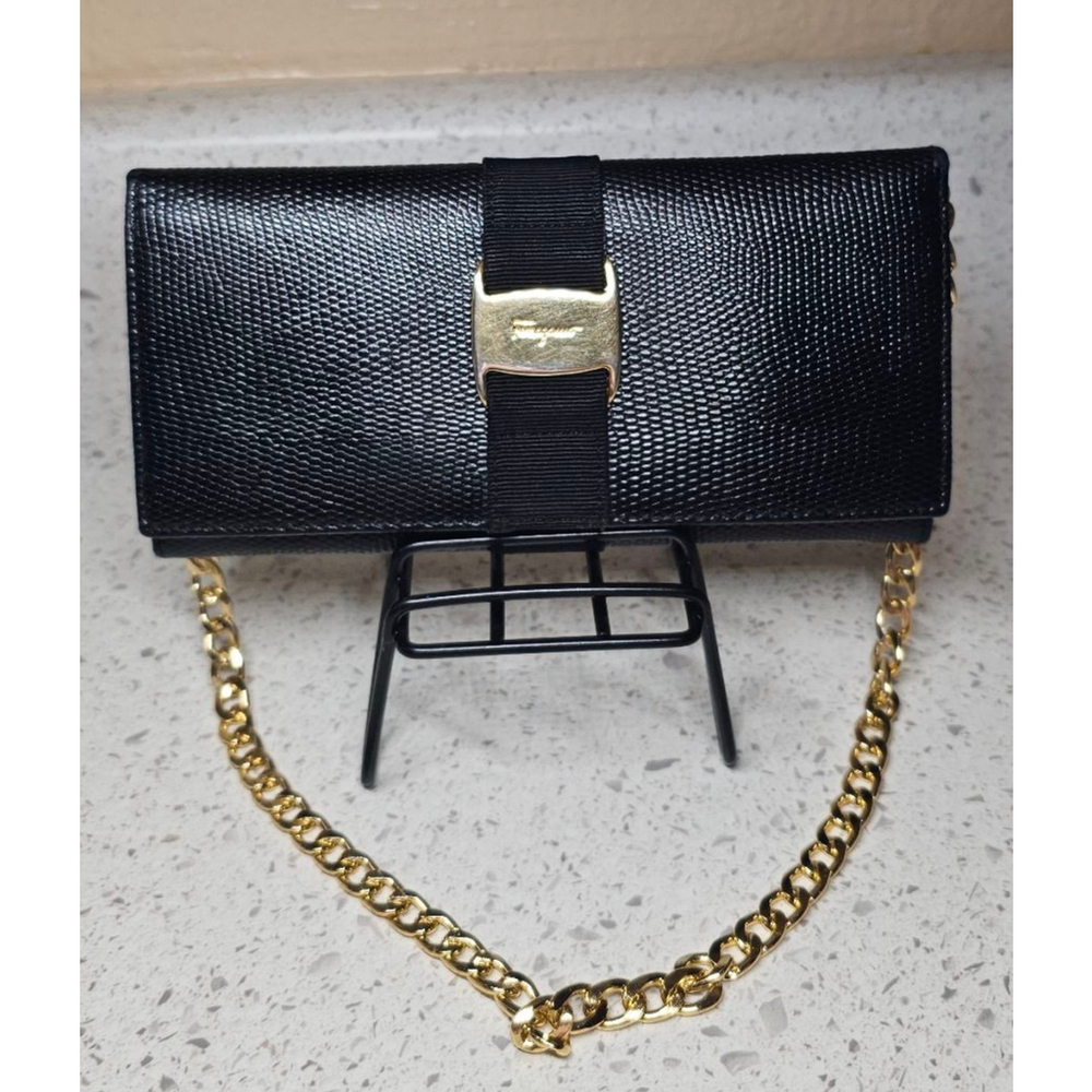 Salvatore Ferragamo Vara Logos Black Lizard Leather Long Wallet on Chain w/inser